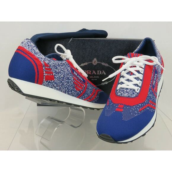 NIB PRADA 2EG272 RED BLUE FABRIC TRAINERS KNIT LOGO LACE UP SNEAKERS 8.5 US 9.5 - Picture 1 of 12